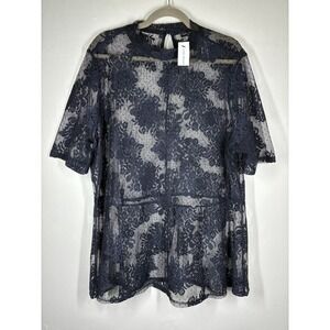 Lane Bryant Navy Blue Floral Lace Sheer Mock Neck Tunic Top Plus Size 22/24 NEW